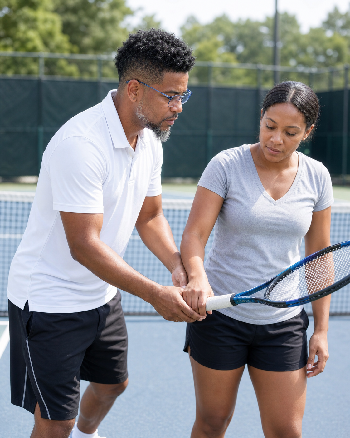 Daniel German teaching a beginner tennis lesson in Northville