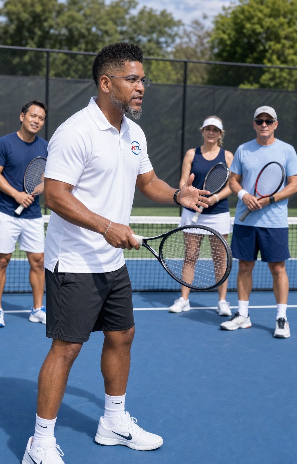 Daniel German coaching players in a group tennis lesson