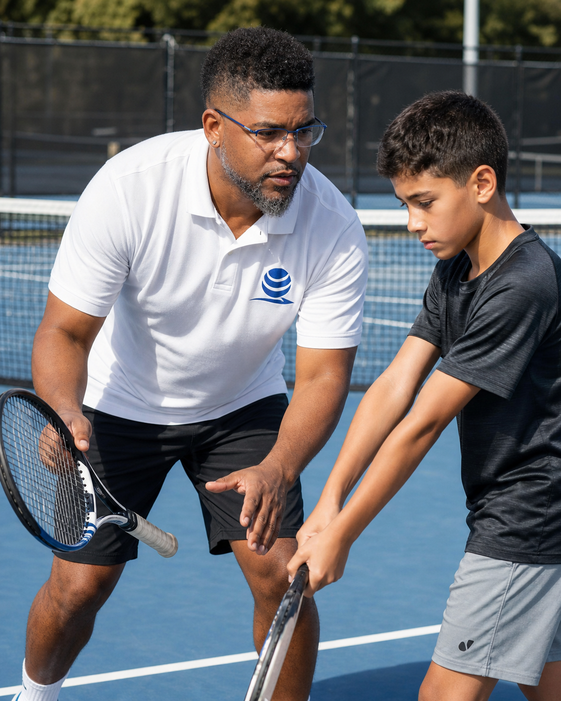 Daniel German coaching a young tennis player in Northville