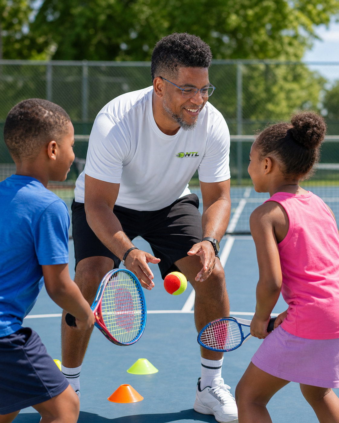 Daniel German coaching a kids tennis lesson in Northville