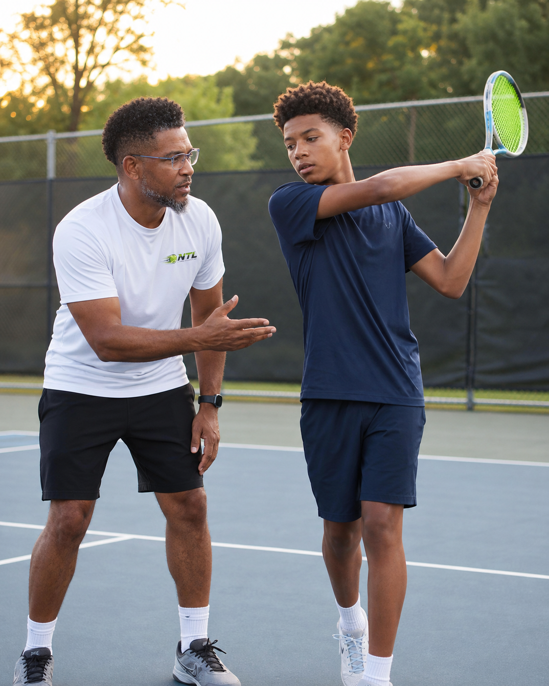 Daniel German coaching a private tennis lesson in Northville