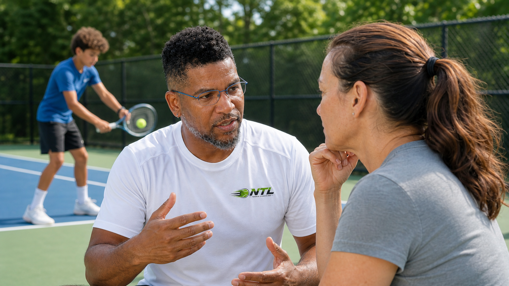 Daniel German speaking with a tennis parent
