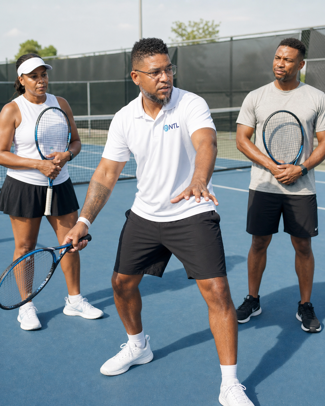 Daniel German coaching two players in a semi-private tennis lesson