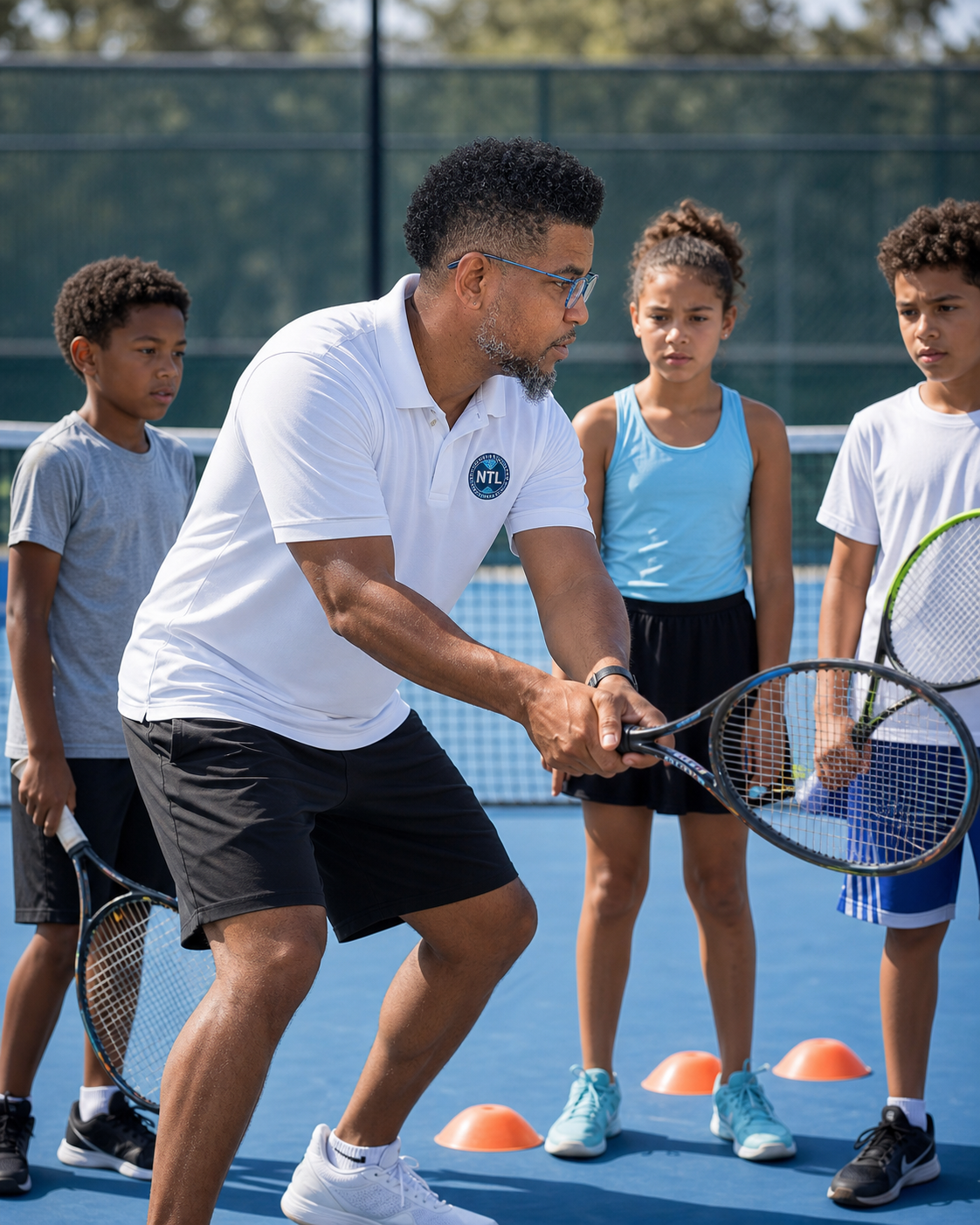 Daniel German coaching players at a tennis camp